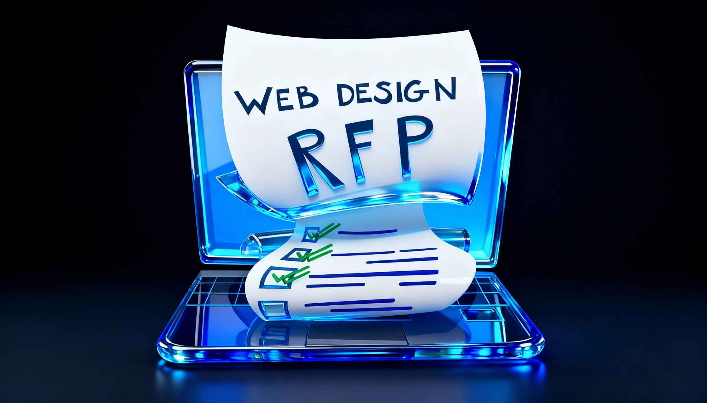 Laptop screen with documents/checklists coming out with the title "Web Design RFP"