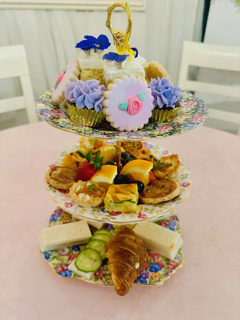 high tea 3 tiered rack at the pink chandelier