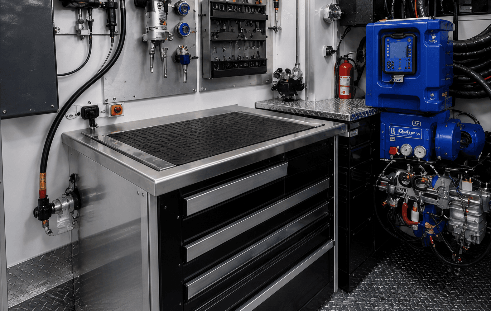 Interior of a Trailform equipment trailer with a metal workbench, tool drawers, hoses, and blue compressor equipment