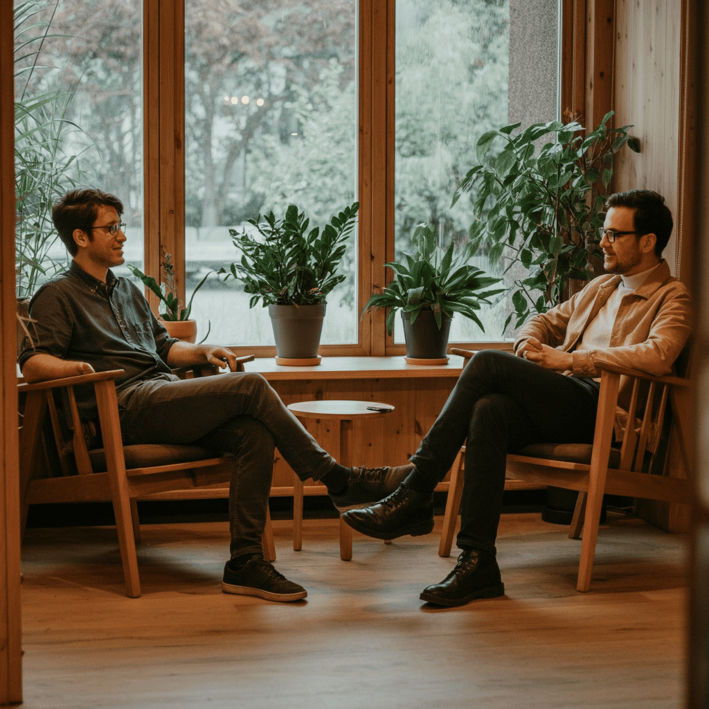 two people sitting in comfortable chairs having a casual conversation in a warm and casual modern office with wood tones and a big window with plants inside and outside.