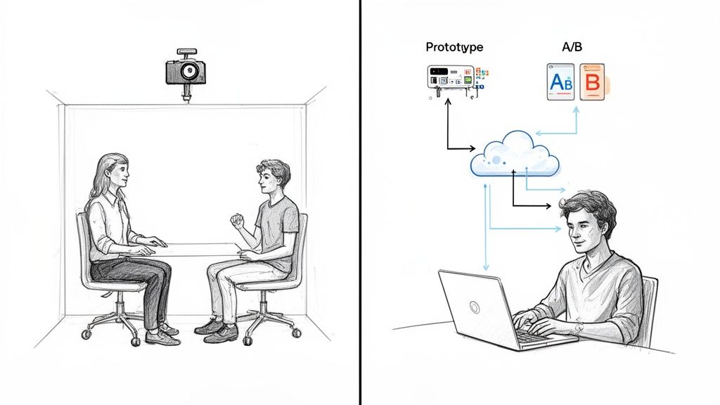 Comparison of traditional in-person user research with modern digital A/B testing and prototype evaluation.