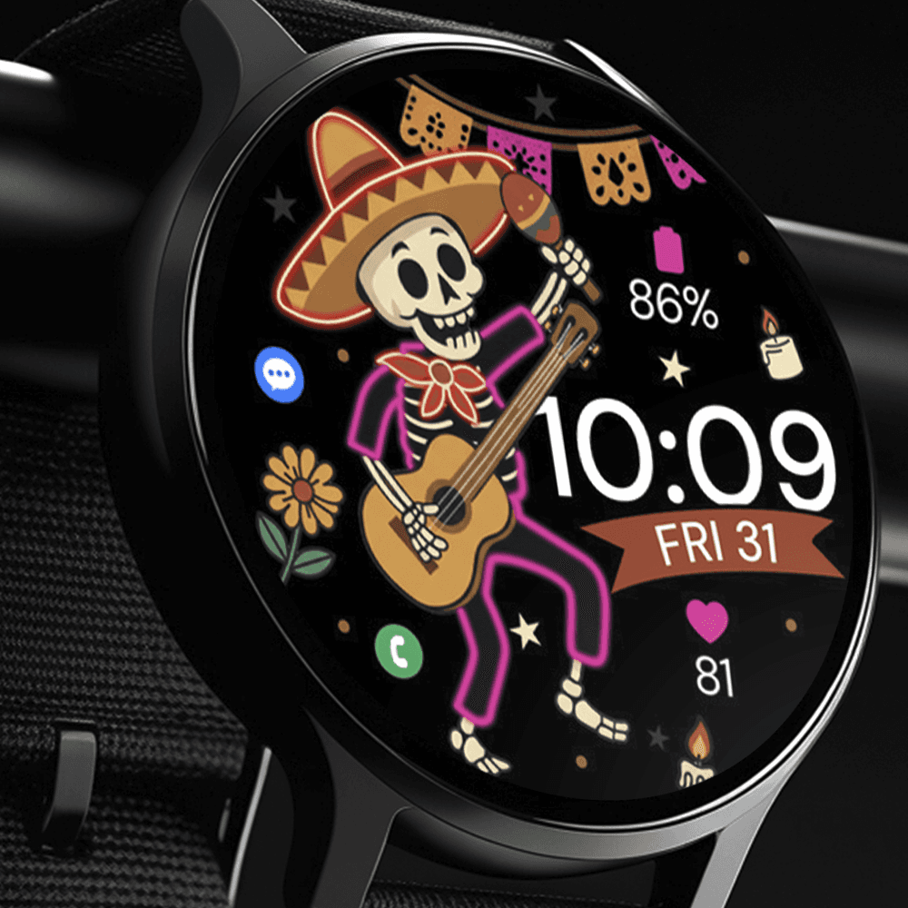 Modern Wear OS smartwatch displaying Día de los Muertos watch face