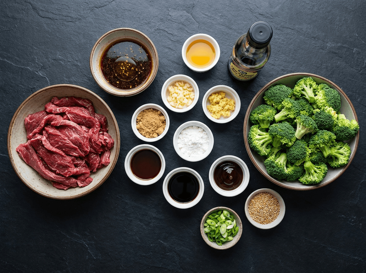 Prepped beef and broccoli stir-fry ingredients arranged overhead on dark countertop