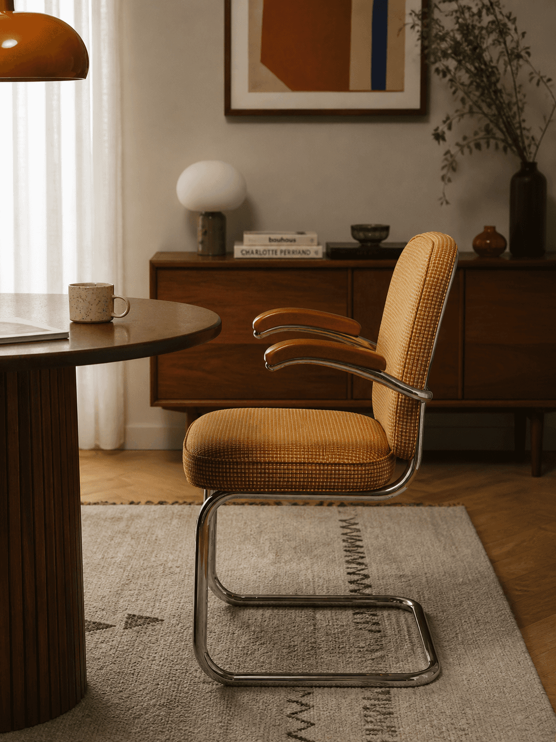 A 80s yellow chair in front of a table
