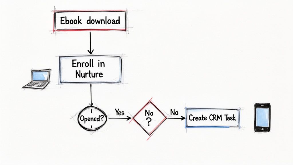 Workflow diagram showing ebook download leading to nurture enrollment, opening decision, and CRM task creation.