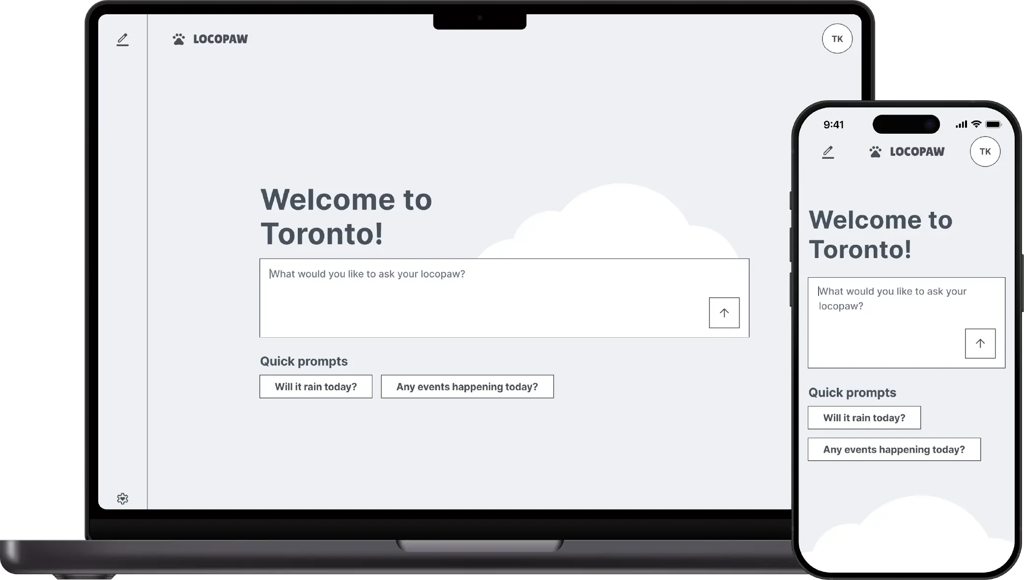 Locopaw homepage in Vanilla Sky theme with grey cloud illustration.