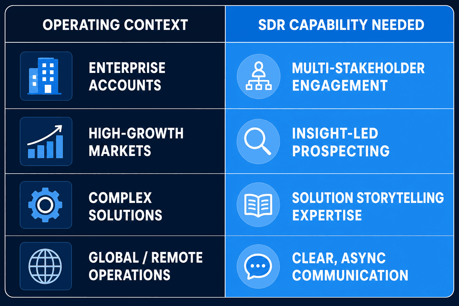 SDR hiring context vs capability comparison chart for SaaS go-to-market teams