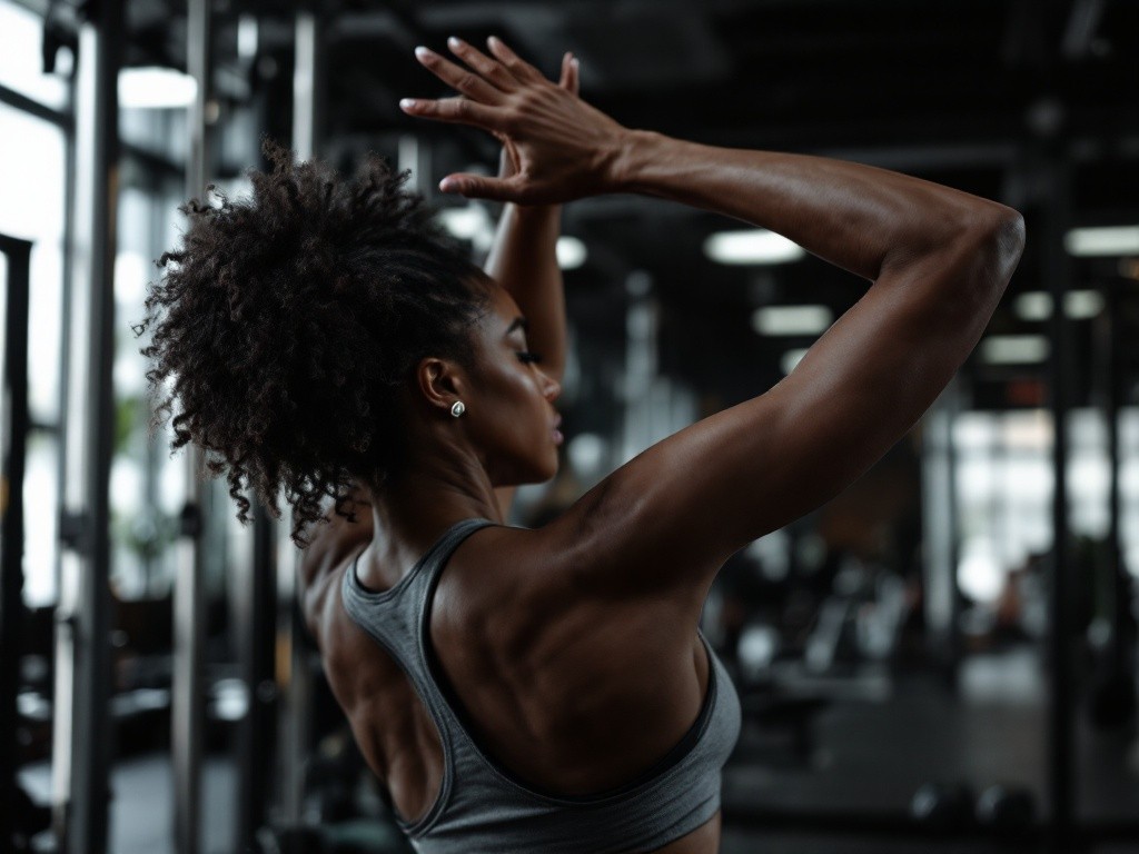 Back view of a muscular woman with arms raised in a gym