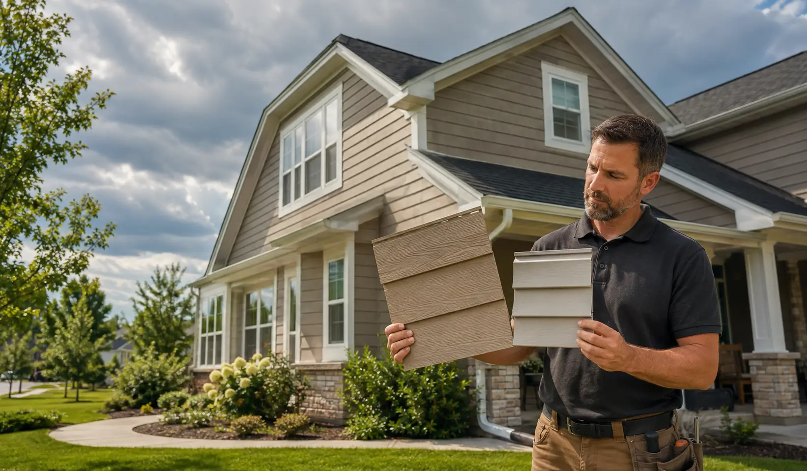 Contractor comparing engineered wood and vinyl siding samples at an Illinois home