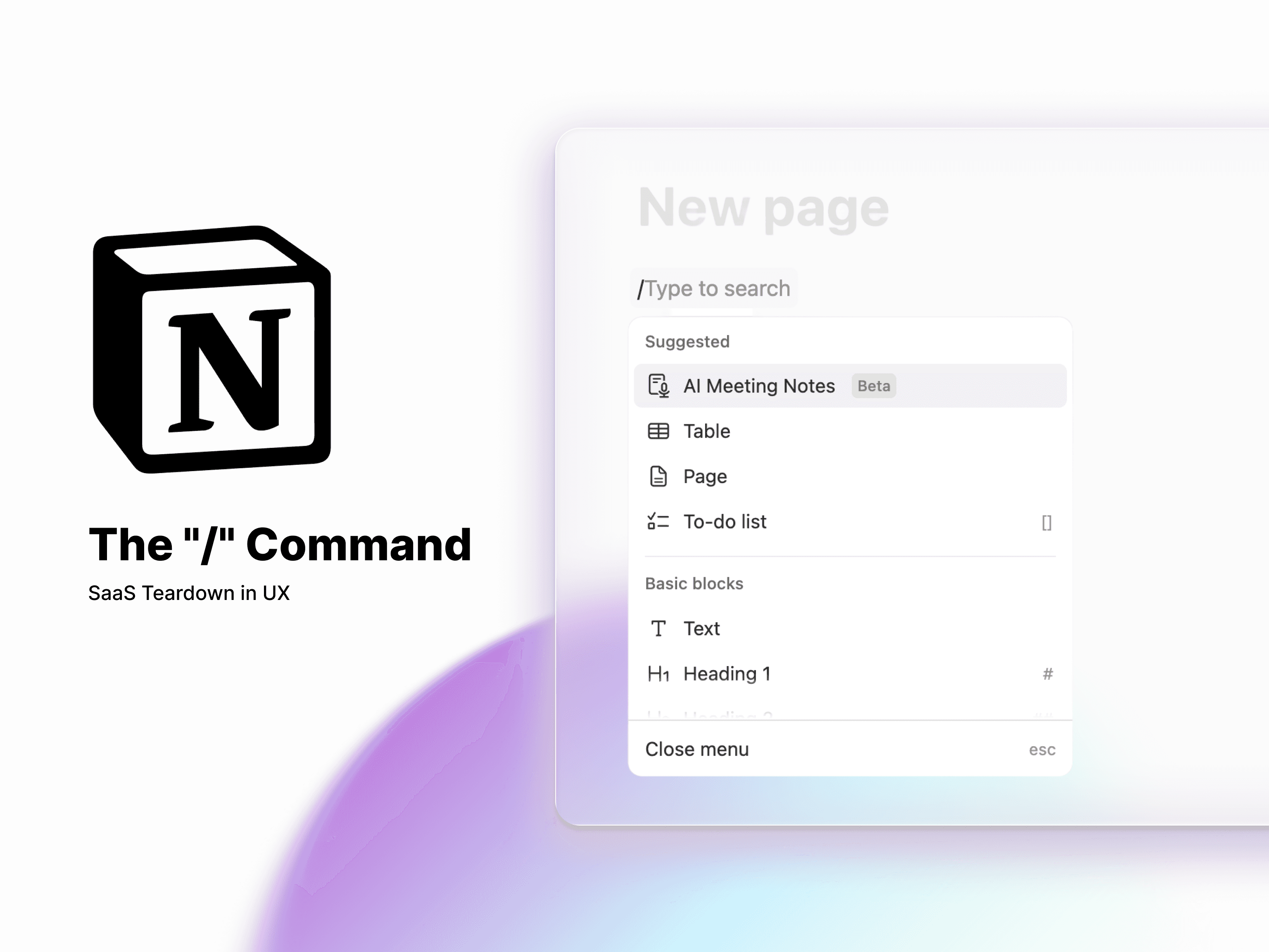 Notion slash command menu showing UX design options for content creation