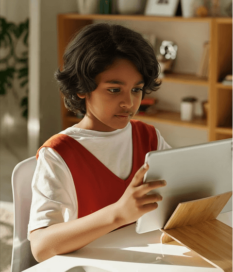 A student is working on a tablet, focused on the screen