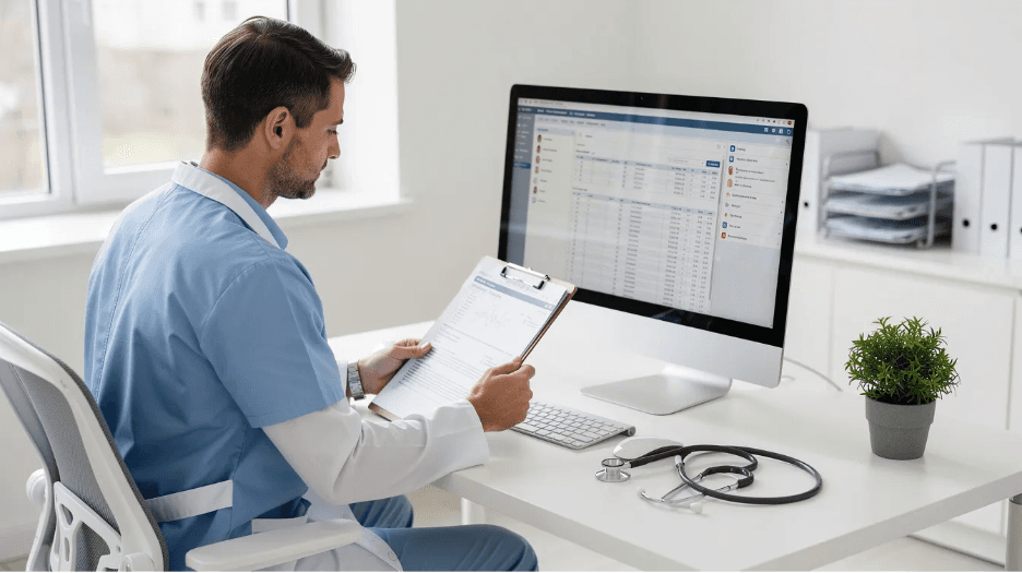 A healthcare professional is seated at a modern computer workstation in a bright clinical office, diligently reviewing documents. The environment suggests a focus on medical care, potentially utilizing an online fax service to manage incoming faxes and streamline communication.