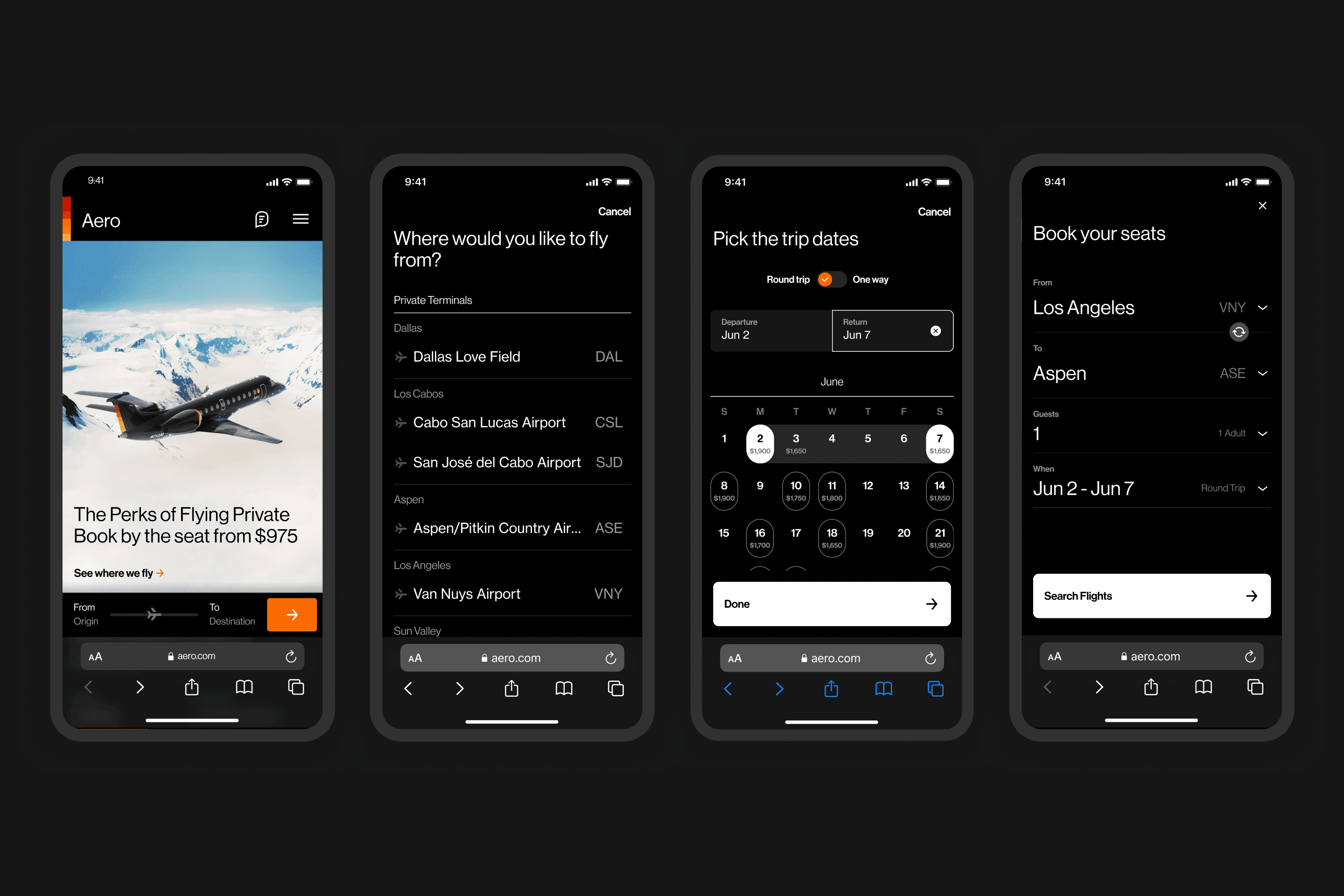 Aero - booking flow screens