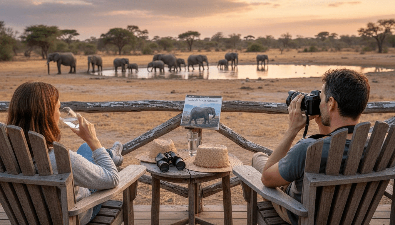 Des voyageurs profitent de la terrasse de leur lodge pour observer les animaux sauvages dans leur environnement naturel.