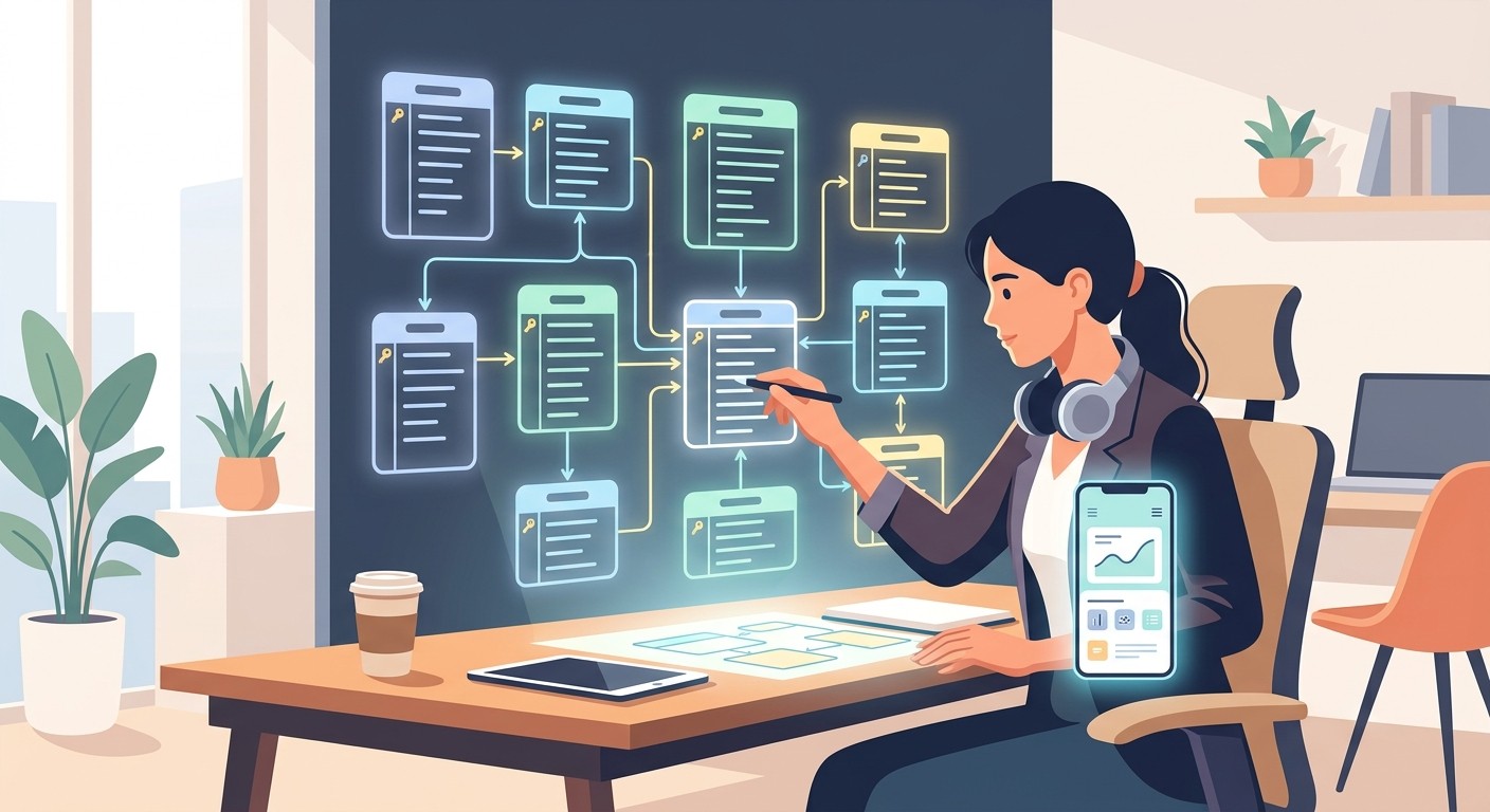 Architect planning how to create a database blueprint with linked tables for a mobile app