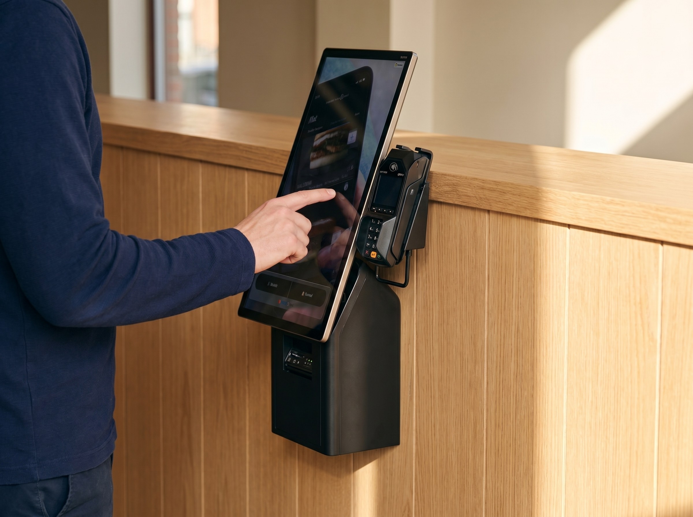 Person using digital kiosk with touchscreen. Payment terminal attached.