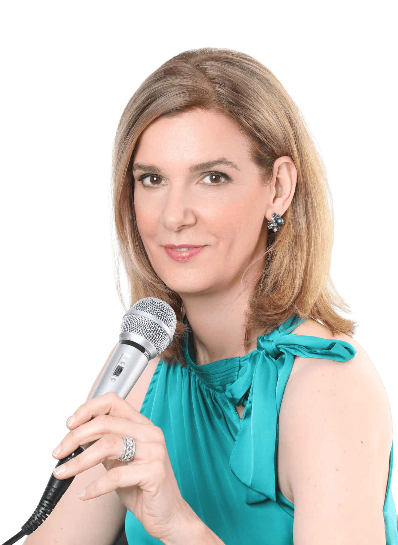 Vocal Coach Danielle Zuber im professionellen Auftritt. Nahaufnahme mit Mikrofon und türkisfarbenem Oberteil, strahlendes Lächeln.