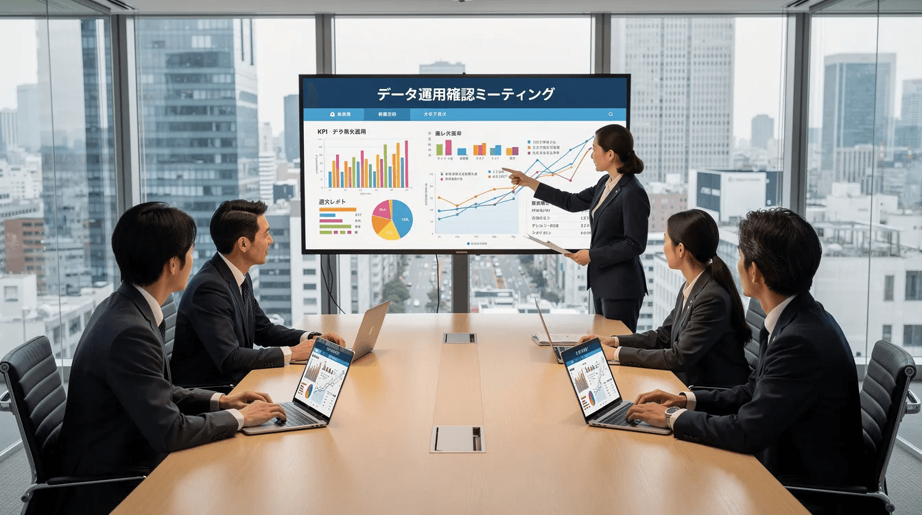 会議室で、チームが顧客情報や個人情報のデータ運用を確認している様子が描かれています。重複データのマージやCRMシステムの活用について話し合い、業務効率の向上を目指す活動が行われています。