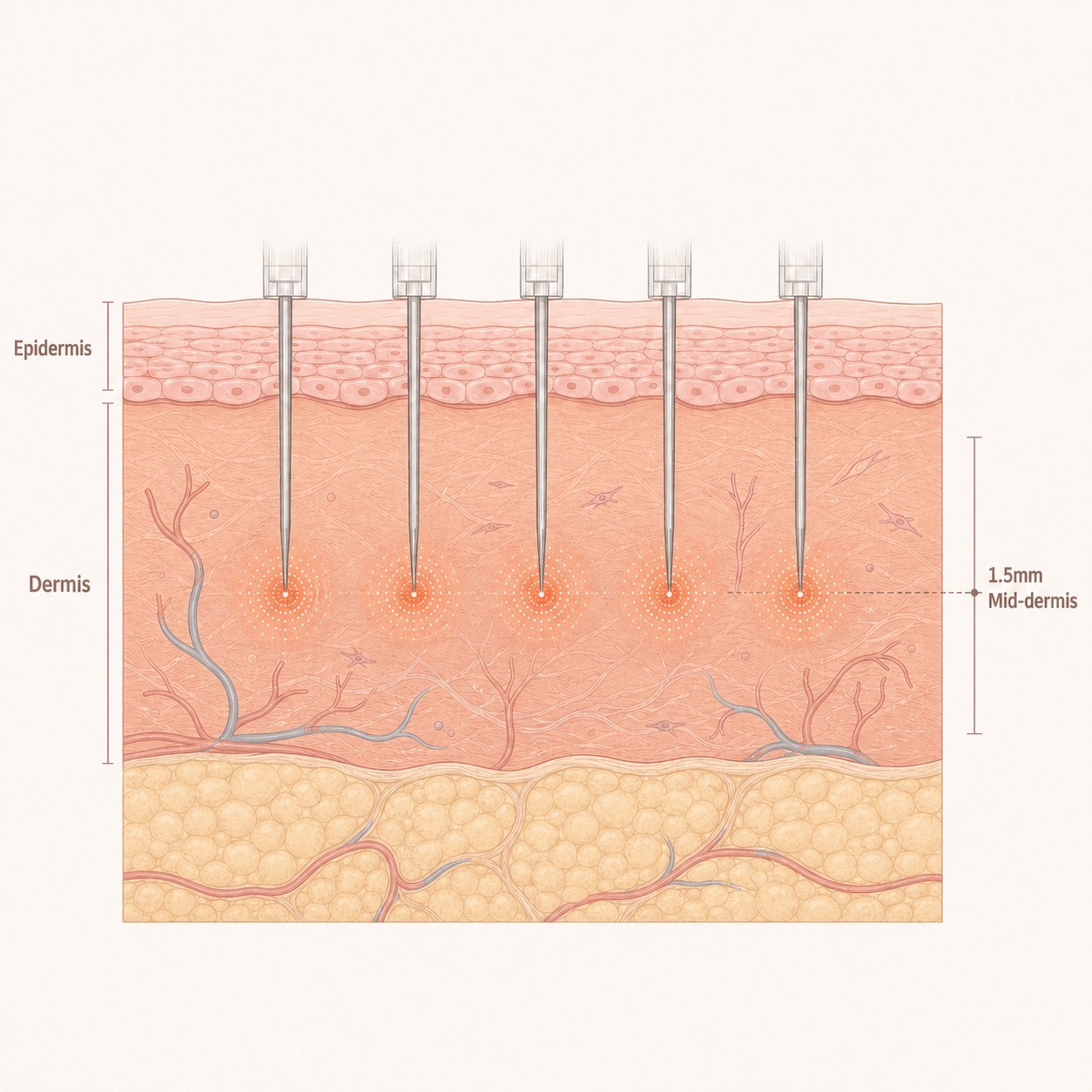 Zone of RF heat spreading from a needle tip within the dermis