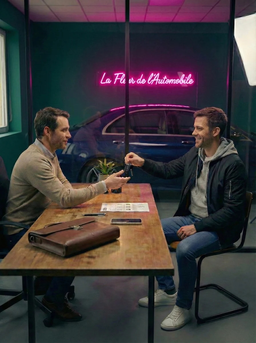 Vendeur remettant ses clés à La Fleur de l'Auto après la vente de son véhicule d'occasion.
