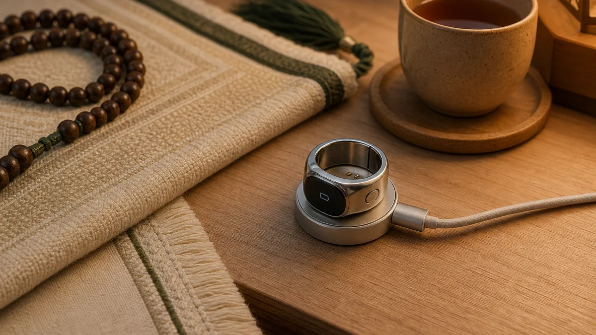 A zikr ring charging on a magnetic cable beside a prayer mat