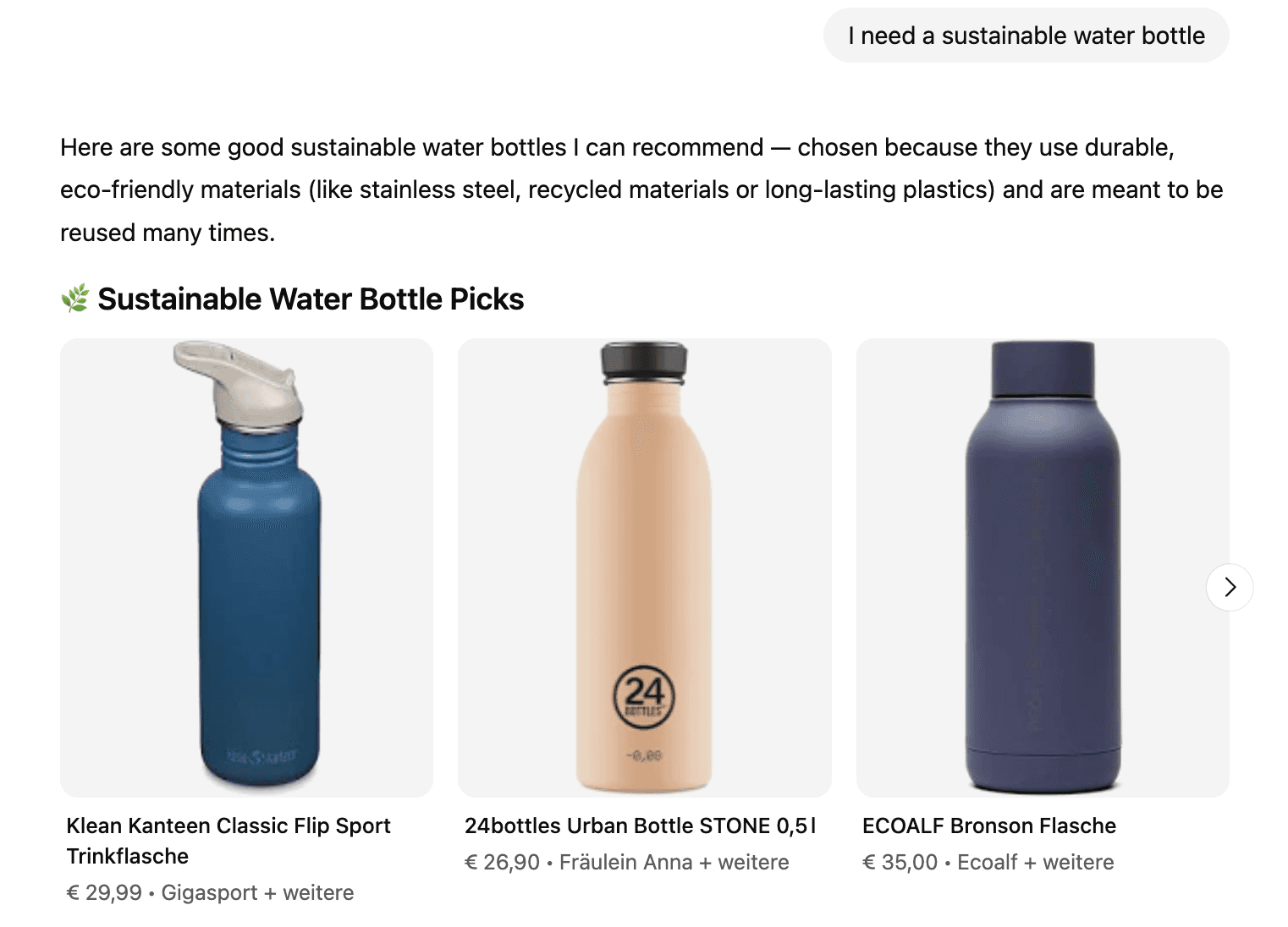 ChatGPT Shopify integration product carousel showing three sustainable water bottles: a blue Klean Kanteen sport bottle, a beige 24Bottles Urban Bottle, and a dark blue ECOALF Bronson bottle, each with price and retailer listed underneath.