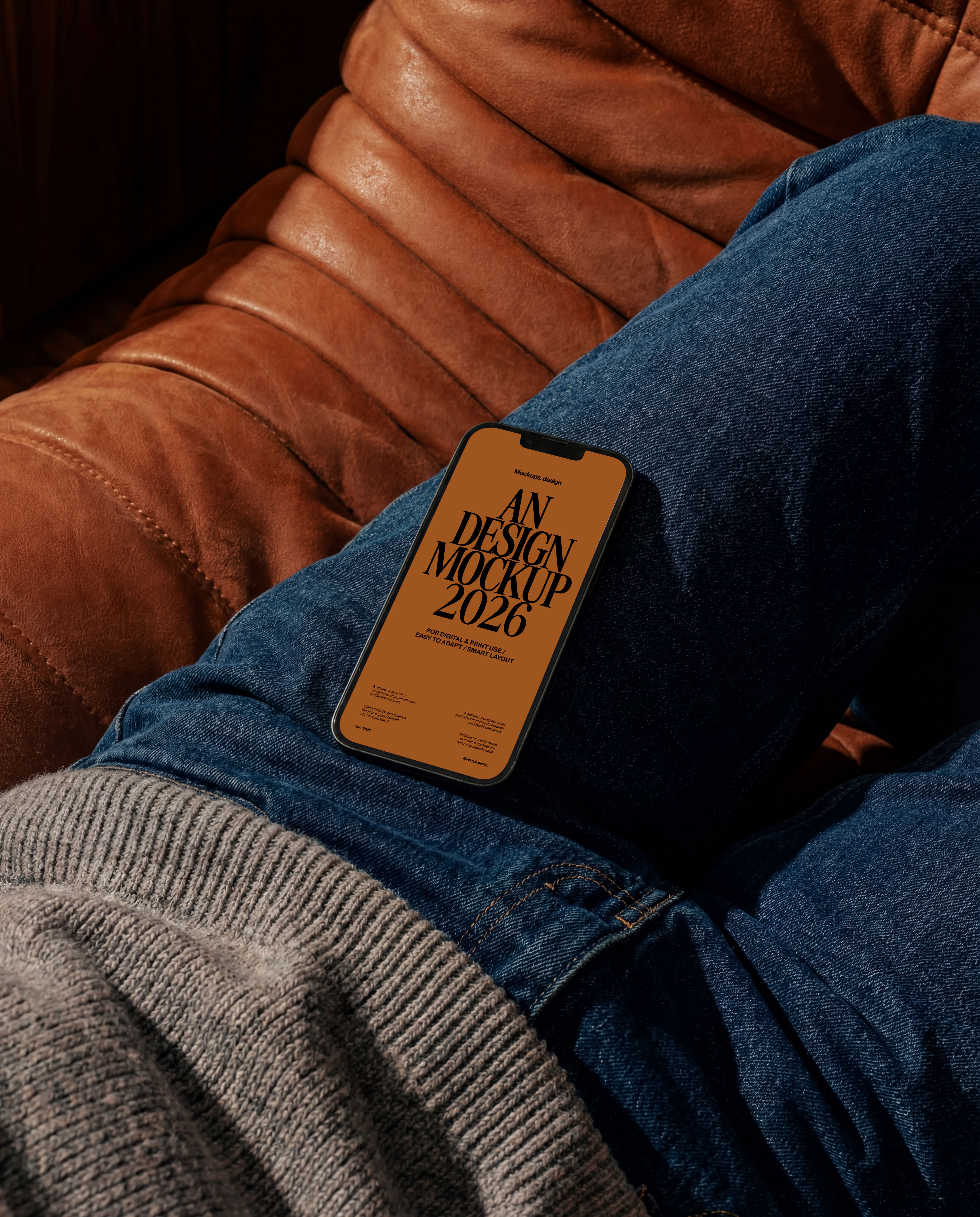 Man using iPhone 16 mockup at home, realistic setting