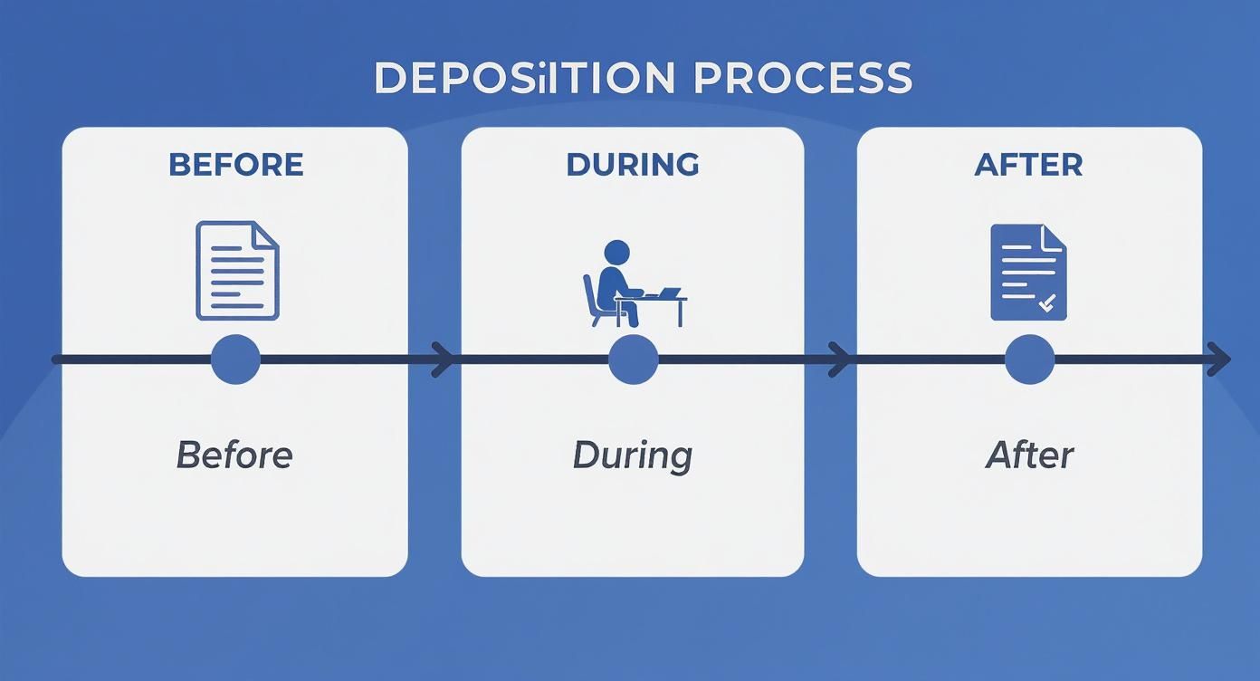 Infographic showing a timeline of the deposition process with icons for 'Before' (documents), 'During' (testimony), and 'After' (transcript)