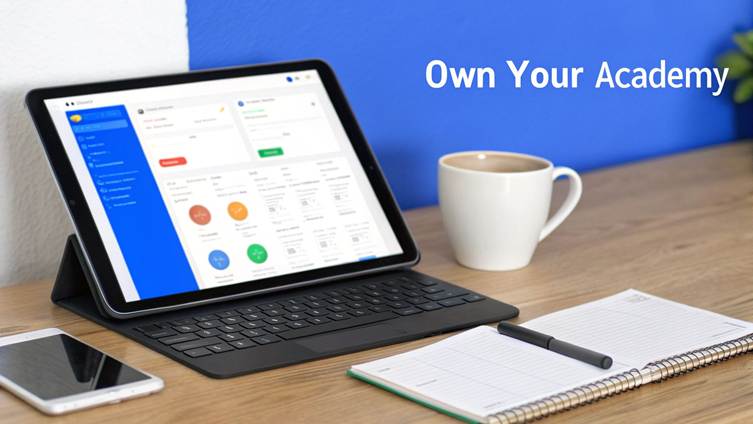 Modern workspace with a tablet showing an online academy dashboard, smartphone, notebook, and coffee.