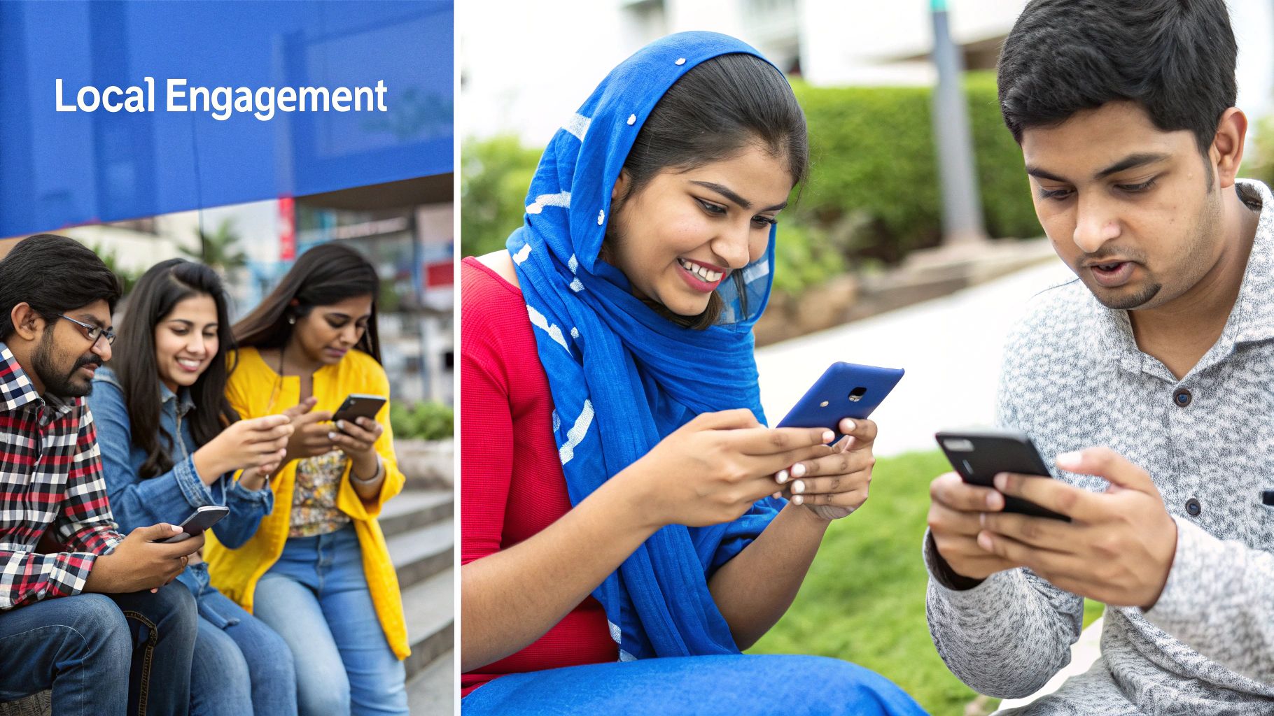 A group of diverse young people in India watching videos on their smartphones, representing a connected audience.