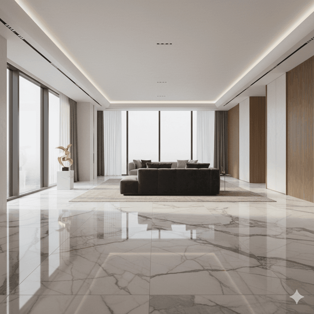 Luxury white Italian marble flooring reflecting light in M3M apartment, Gurgaon