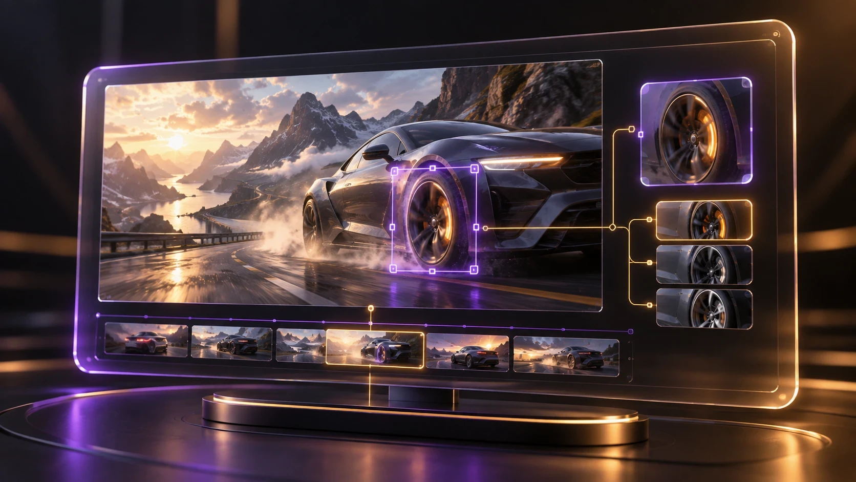 An AI video editing interface isolates and refines a sports car wheel across multiple frames.