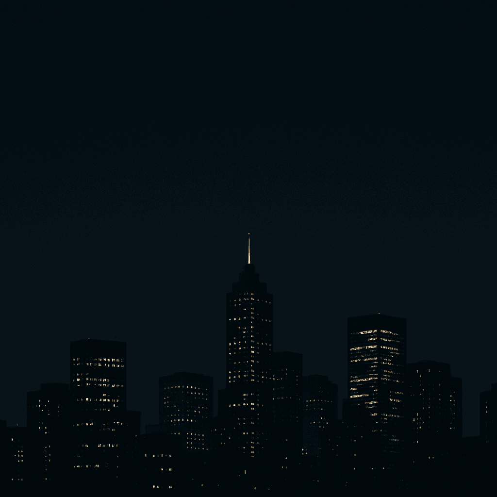 Nighttime city skyline featuring bright lights from buildings, creating a stunning urban landscape.