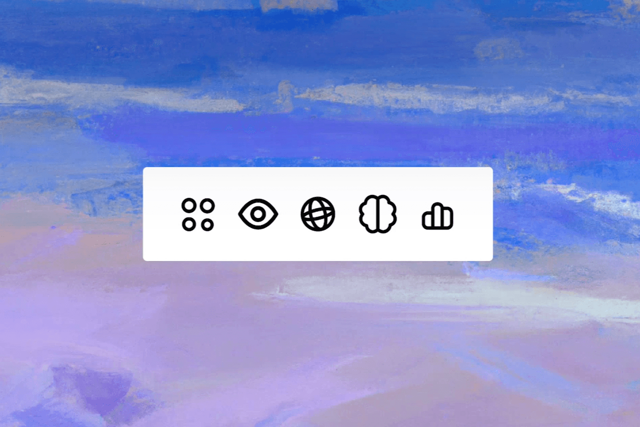 A digital overlay of black and white icons (an eye, globe, and thumbs up) on an abstract, textured background in blue and purple hues. Source: OpenAI