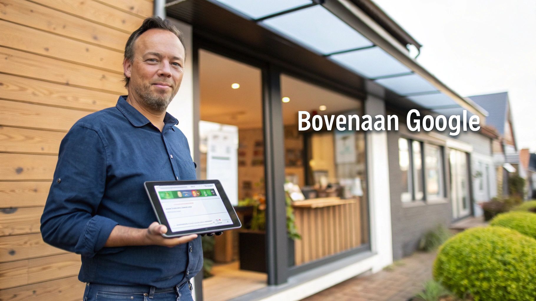 Man glimlacht met tablet waarop een dashboard te zien is, bij een gebouw met de tekst 'Bovenaan Google'.