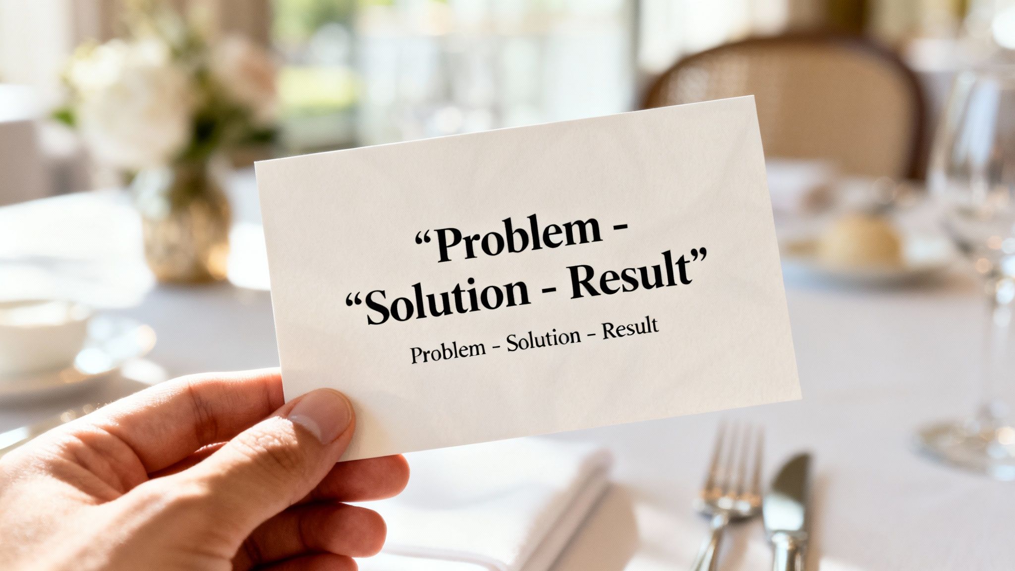 A hand holds a white card with 'Problem - Solution - Result' text in a formal setting.