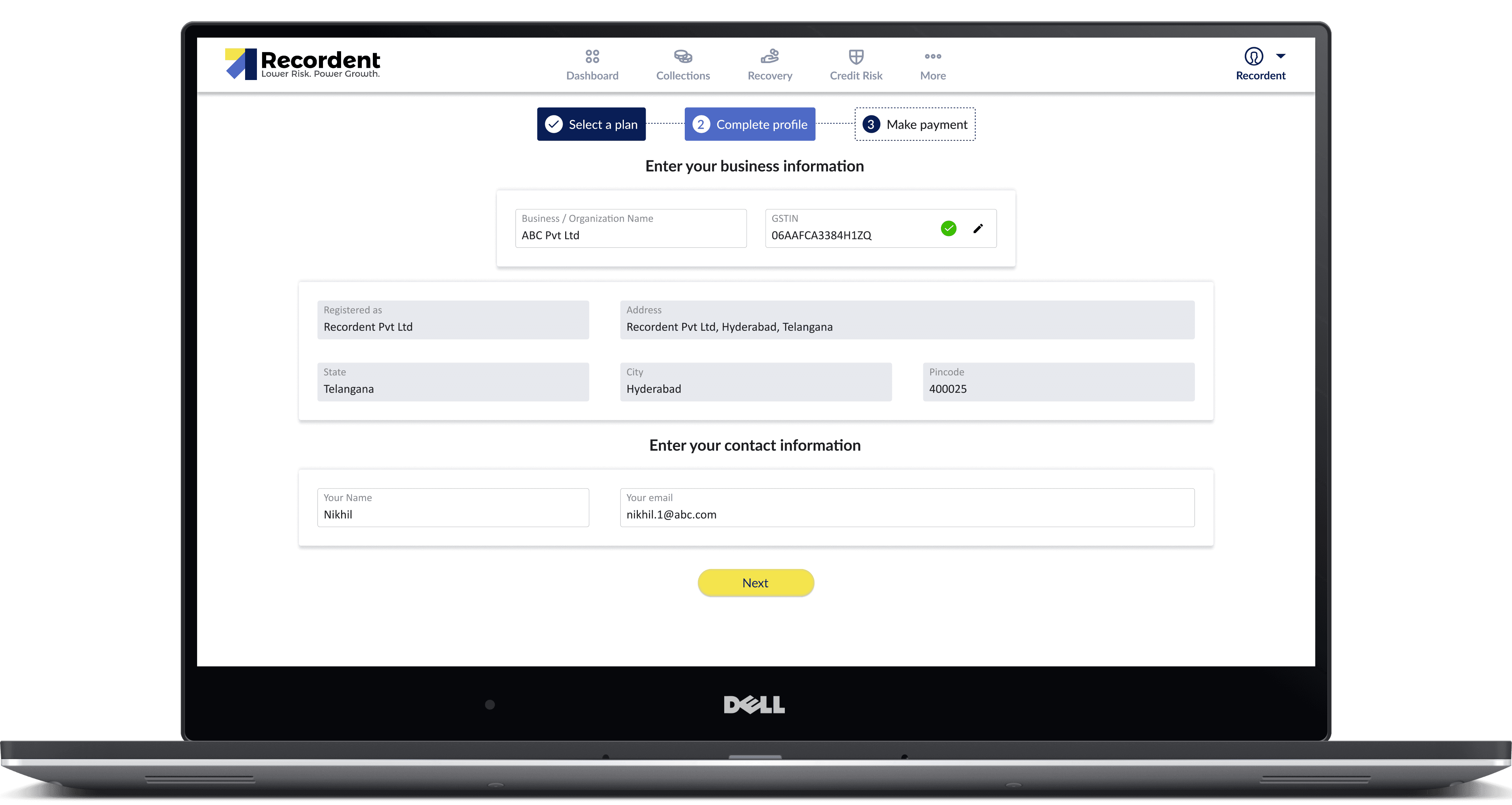 Business/ Org name is auto populated, prospect has to enter the GSTIN/business PAN and verify. Company details will be auto fetched and prospect's details has to be entered