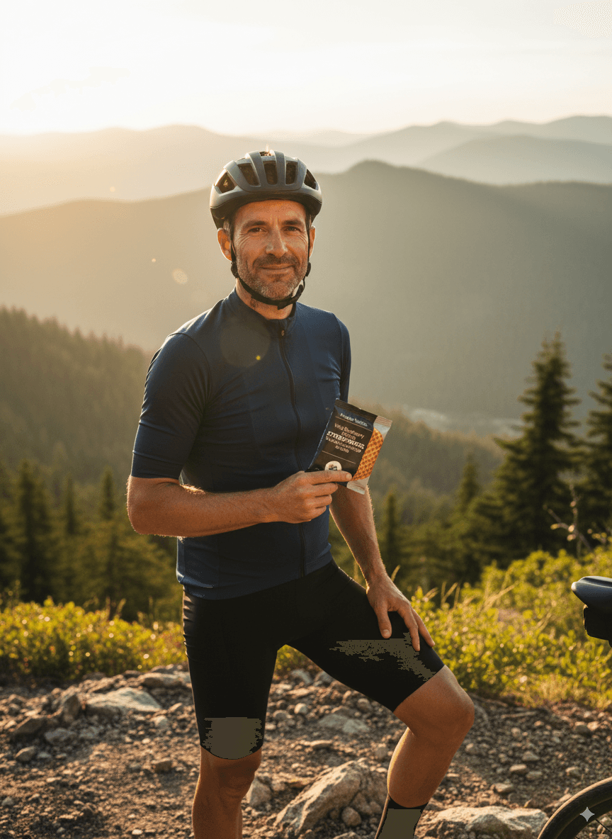 Mountain biker smiling and holding a stroopwafel box in an alpine clearing, lifestyle portrait.