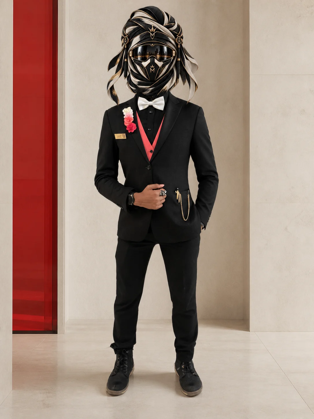 Alternate view of Red Lapels and Roses, showing the same complete outfit from another angle or location, with the official Marzelest face covering.