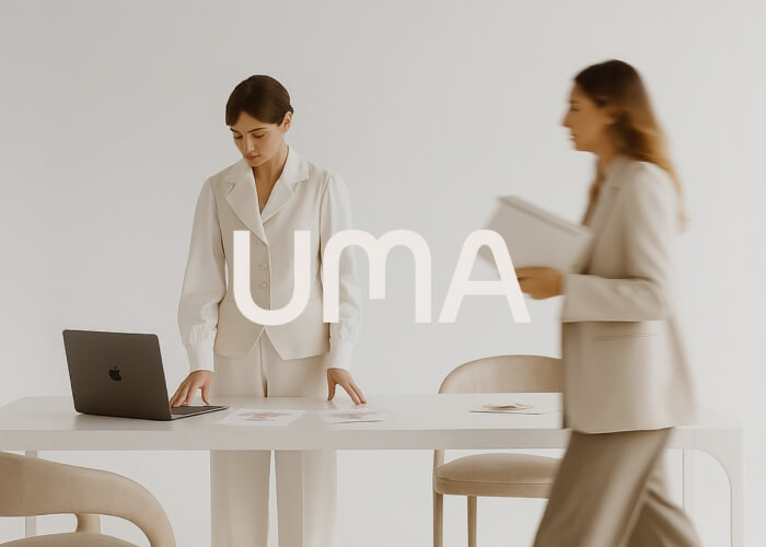 Brand identity for UMA, a women’s health and wellness community, shown through soft neutral visuals of two women collaborating in a minimalist medical environment.