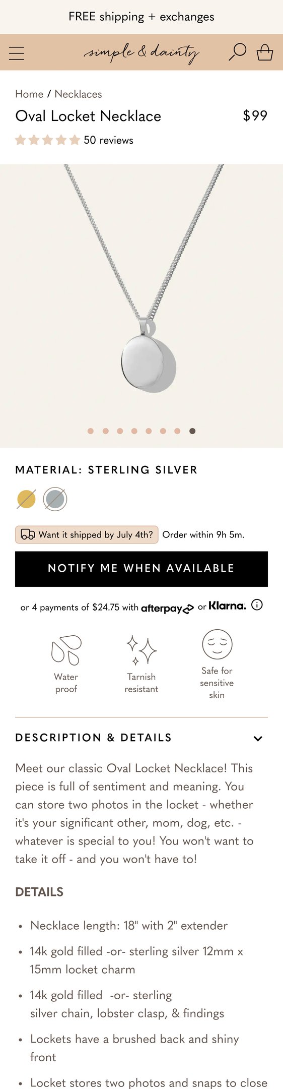 Jewelry product options include: necklace for Oval Locket Necklace from Simple and Dainty.