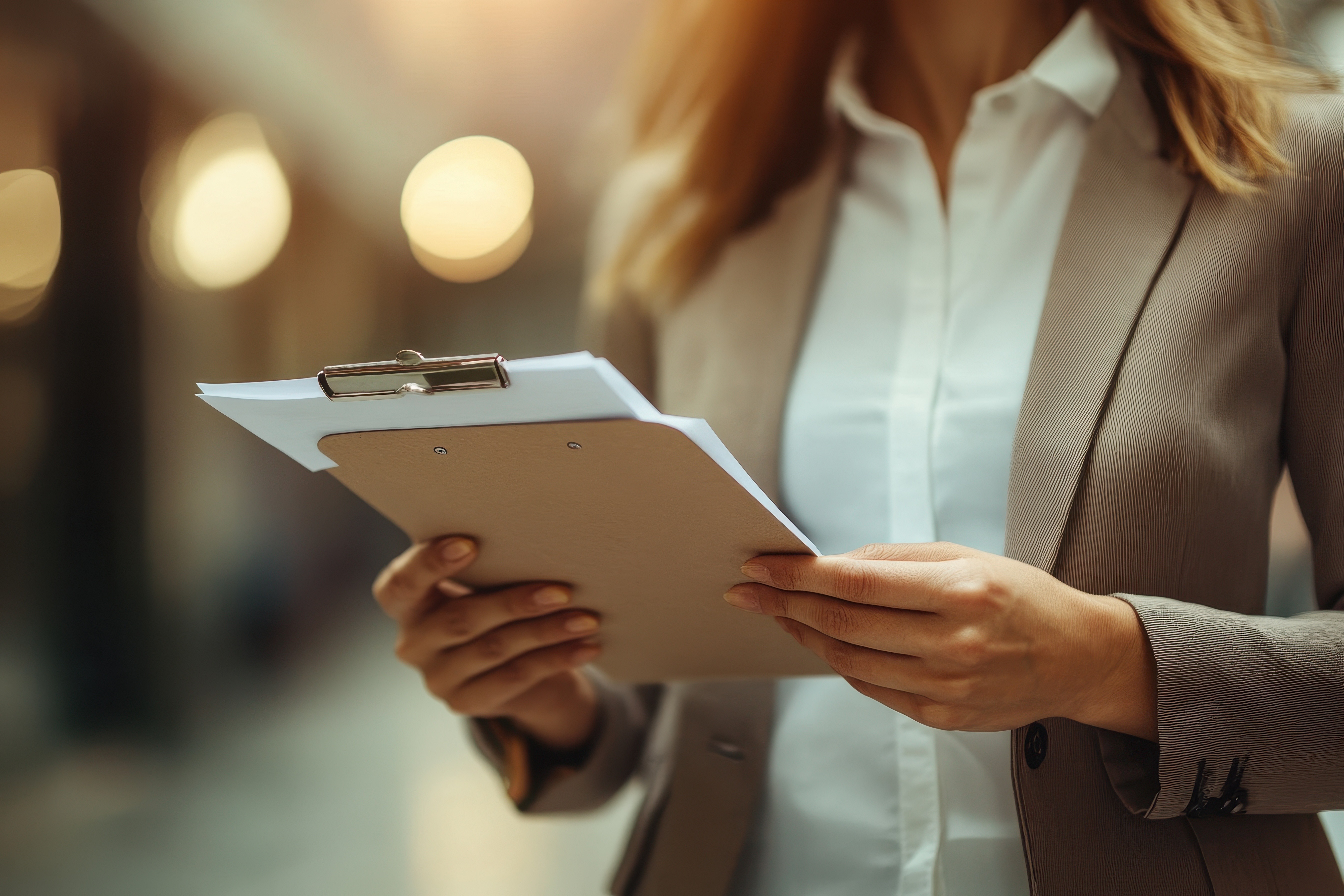 Professional woman in a tailored blazer holding a clipboard with regulatory documents, reflecting precision, oversight, and the structured approach behind cosmetic product development.