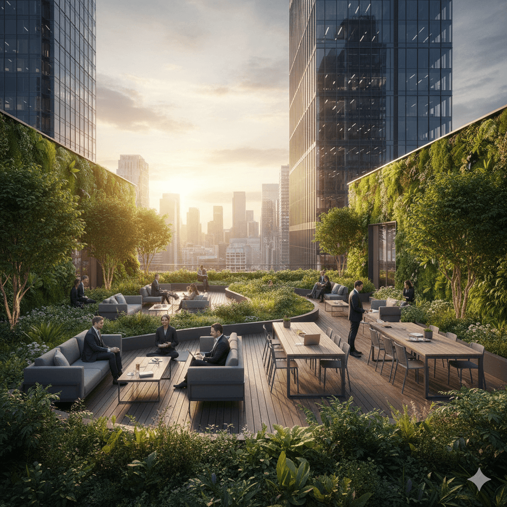 Professional green roof terrace garden and outdoor meeting space at a modern office