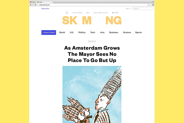 A screenshot of a webpage displays a headline reading “As Amsterdam Grows The Mayor Sees No Place To Go But Up” and a cartoon illustration of two men in bow ties, one holding a newspaper. The website’s navigation bar includes “Latest News,” “World,” “U.S.,” “Politics,” “Tech,” “Arts,” “Business,” “Science,” and “Sports.” The date and time are shown as April 15, 2014, 28°F, and a light jacket icon is visible. The browser’s address bar shows “www.skning.com.”