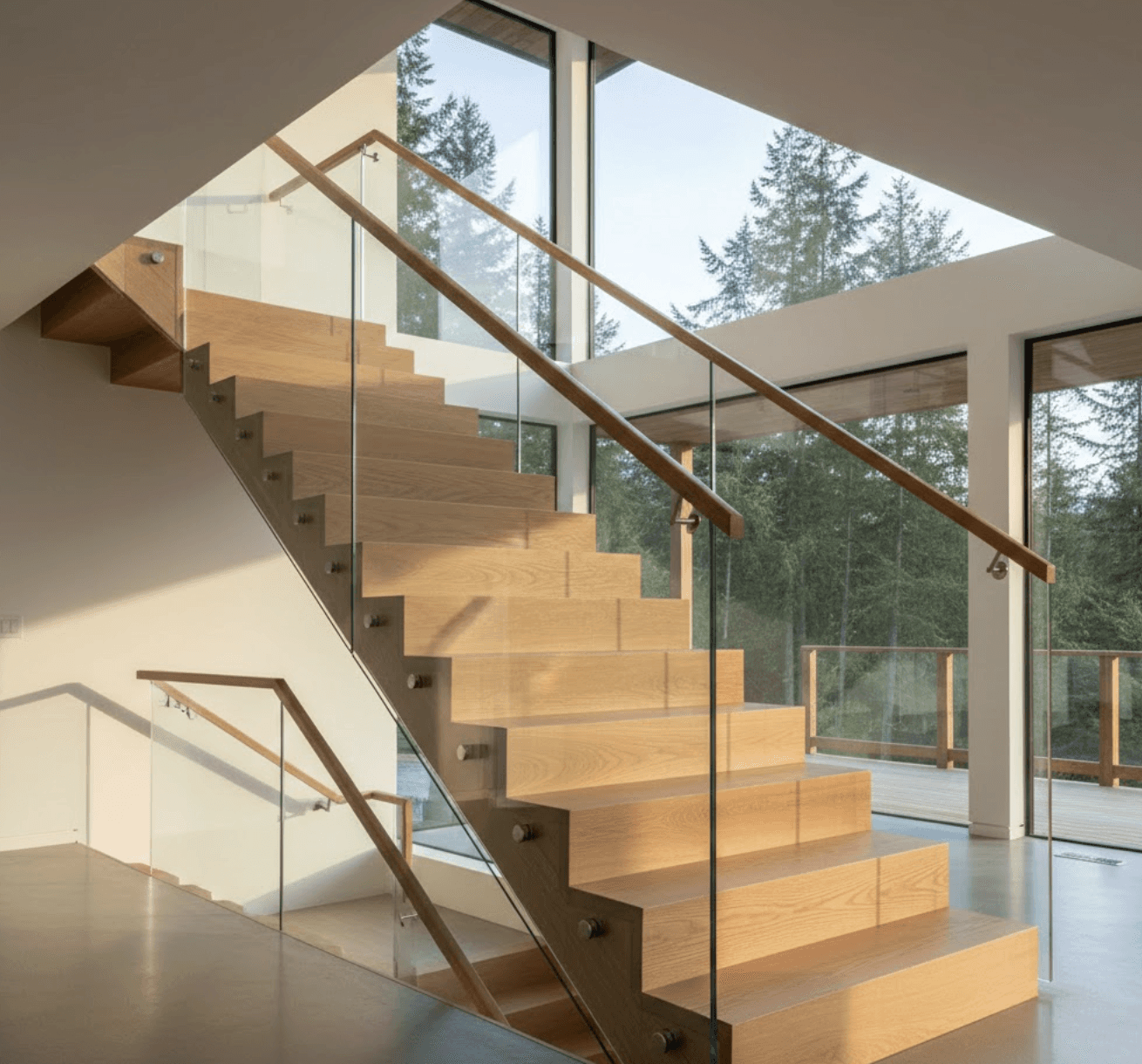 Modern staircase combining natural white oak treads with frameless glass balustrade. 