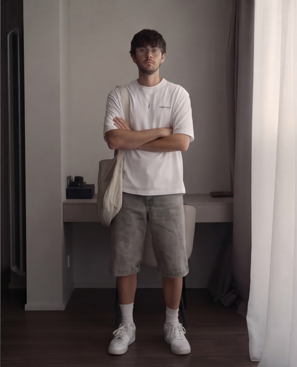 White Tee with Washed Denim Shorts