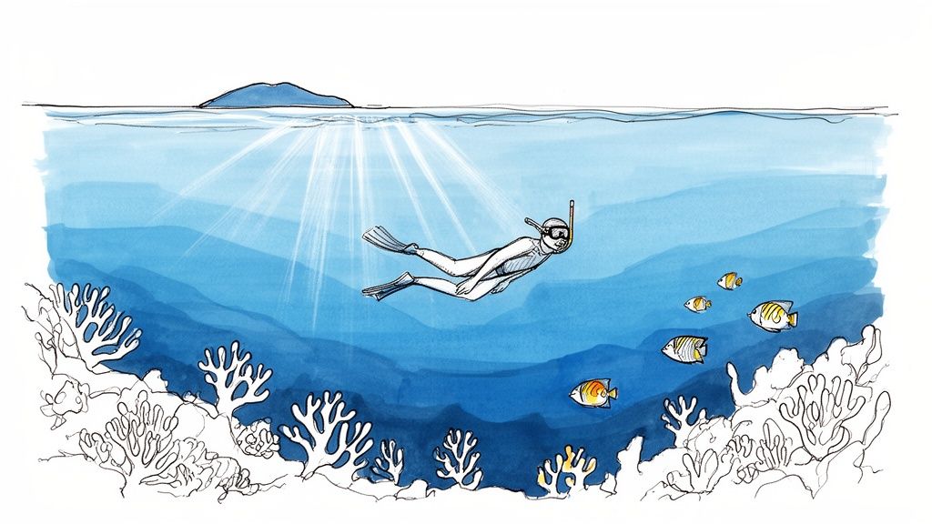 An illustration of a person snorkeling in clear blue water above a coral reef, with fish and an island.