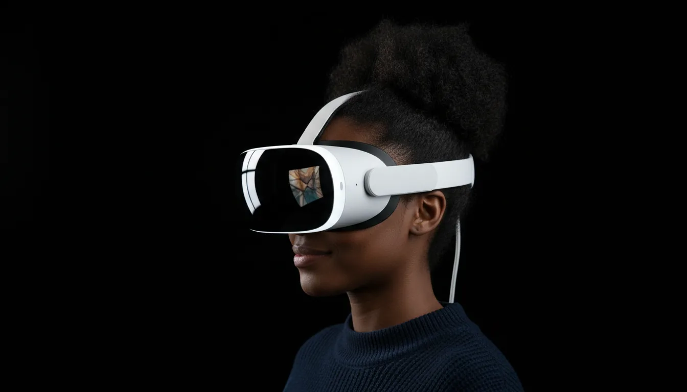 DSLR photograph of a Black woman in side profile, wearing a white Apple Vision Pro headset against a solid black background. Soft studio lighting creates gentle highlights on her face and the sleek, futuristic hardware. She wears a dark blue sweater, her hair styled in a high puff, with a slight, serene smile. The headset's dark visor is reflective, and a white cable hangs down from the side. High-fidelity, sharp focus, clean product shot.