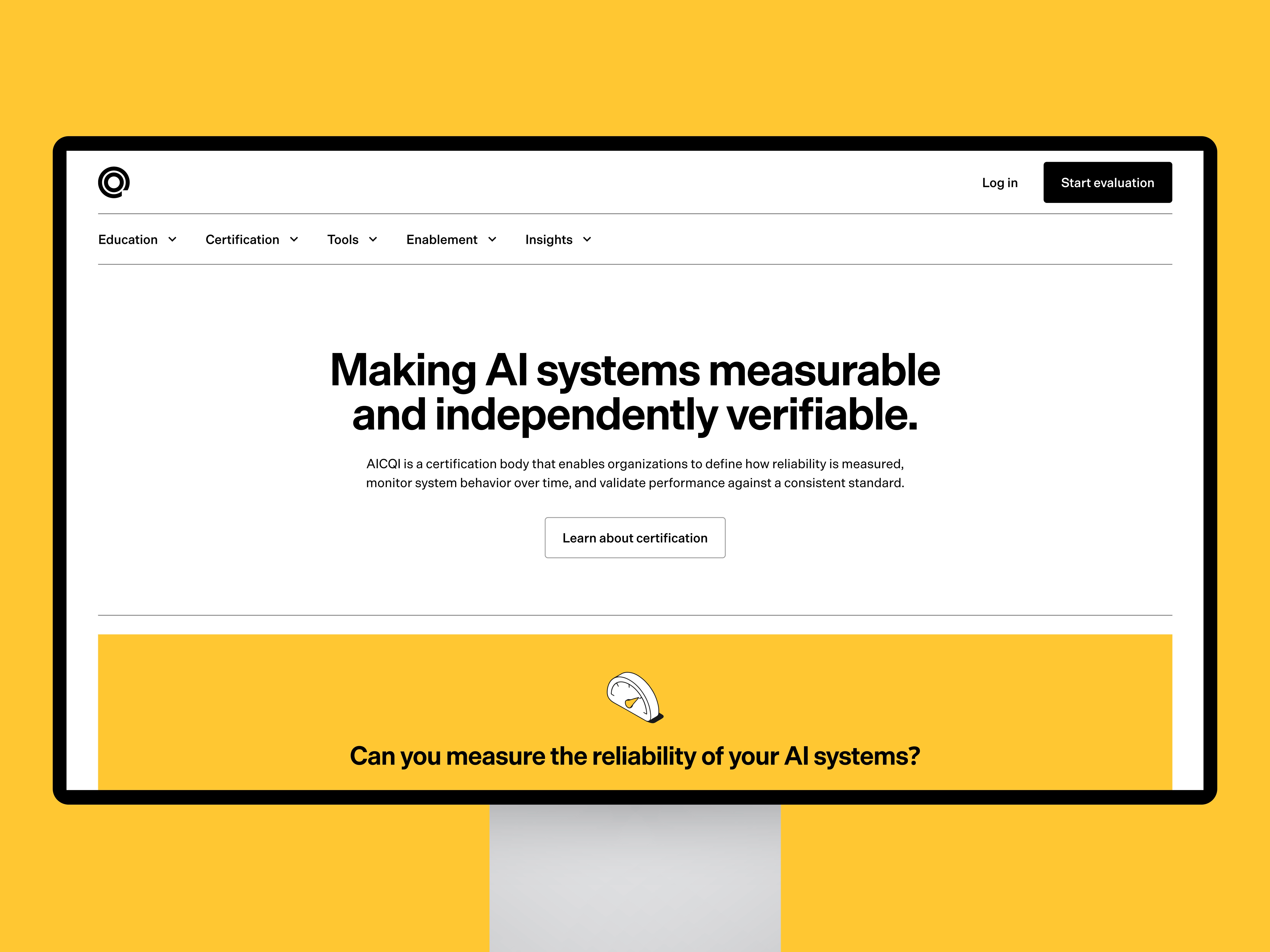 AIQCI homepage hero introducing AI reliability evaluation and certification as measurable, verifiable standards.