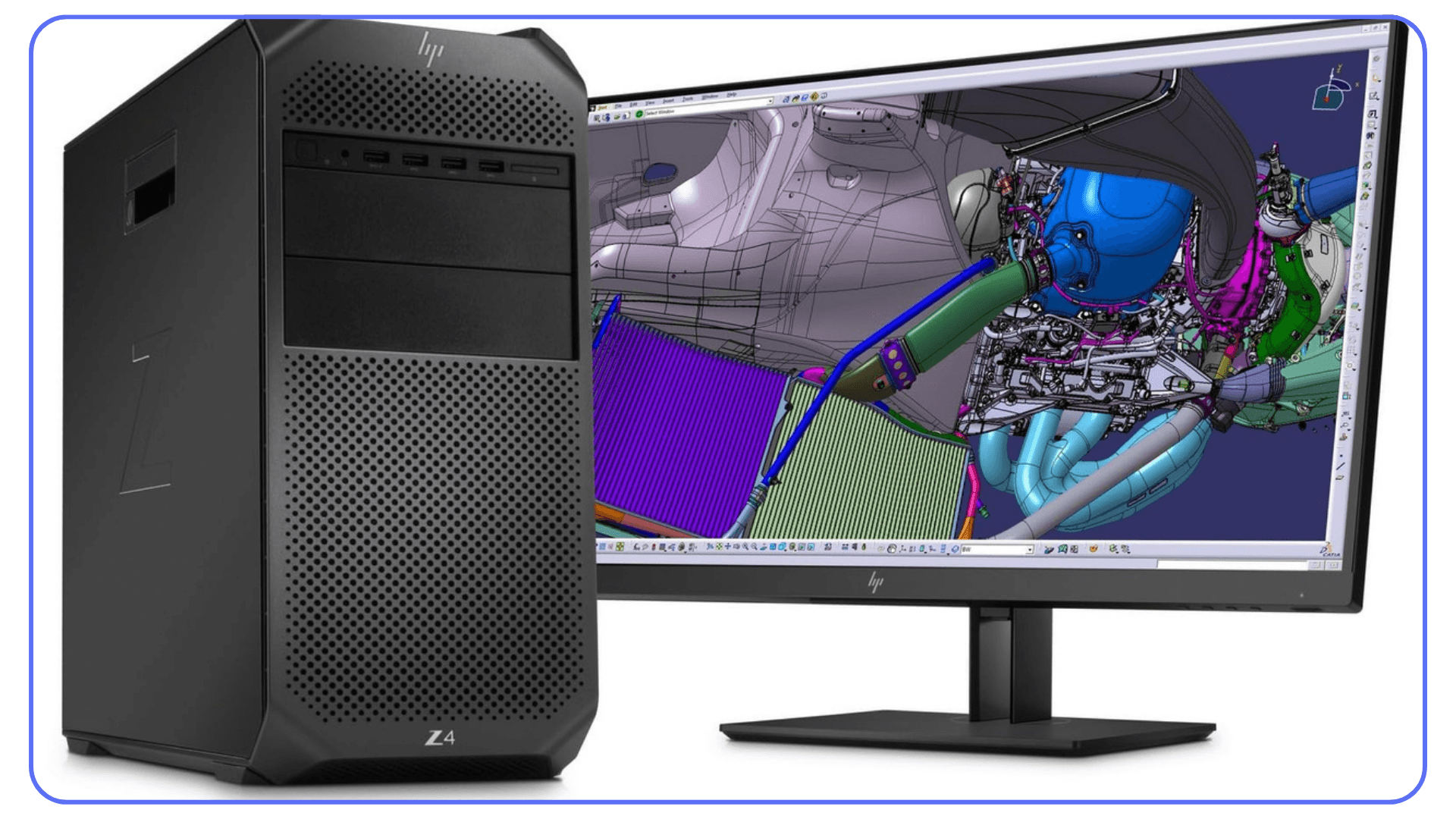 HP Z4 workstation running complex 3D engineering software, showing a powerful desktop option for Autodesk Revit.